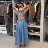 Casual Round Neck Lace Up Backless Denim Dress Sleeveless High Waist Loose Zipper Robe Summer High Street Sexy Solid Clothing